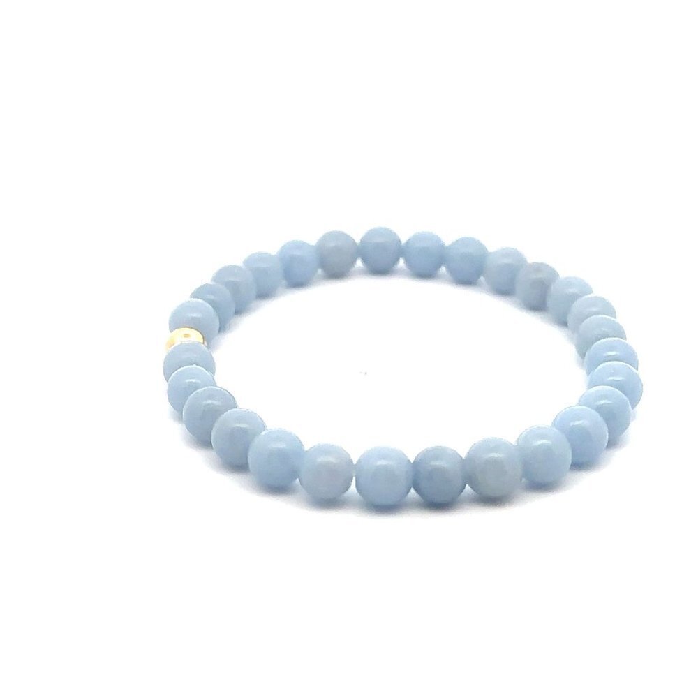 Natural Angelite Gemstones 6mm Stretchable Bracelet 18k Gold Bead Charm - Picture 4 of 5